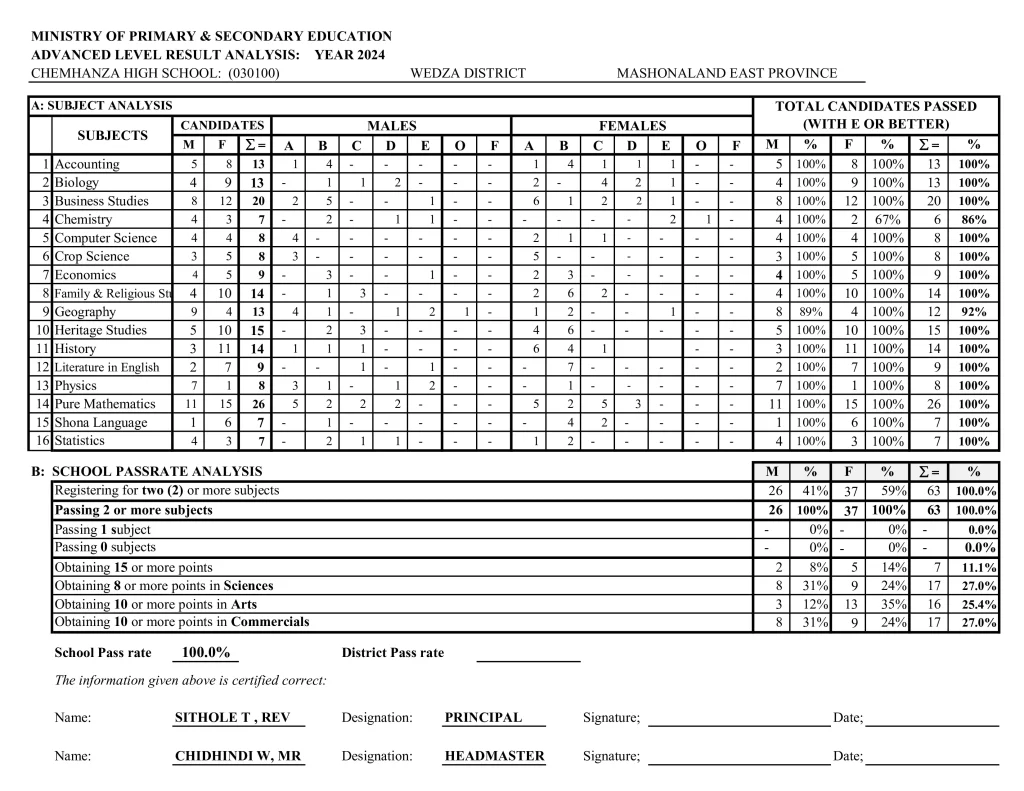 Chemhanza high school2024 results analysis