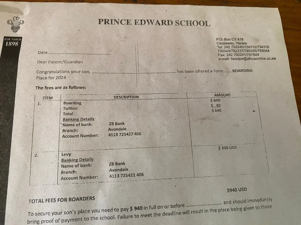 Prince Edward School fees 2025