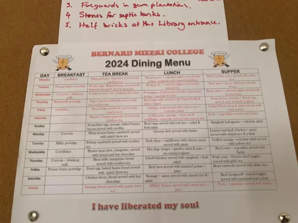 Bernard Mizeki Meal Plan
