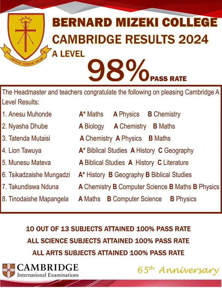 Bernard Mizeki 2024 A-level pass rate