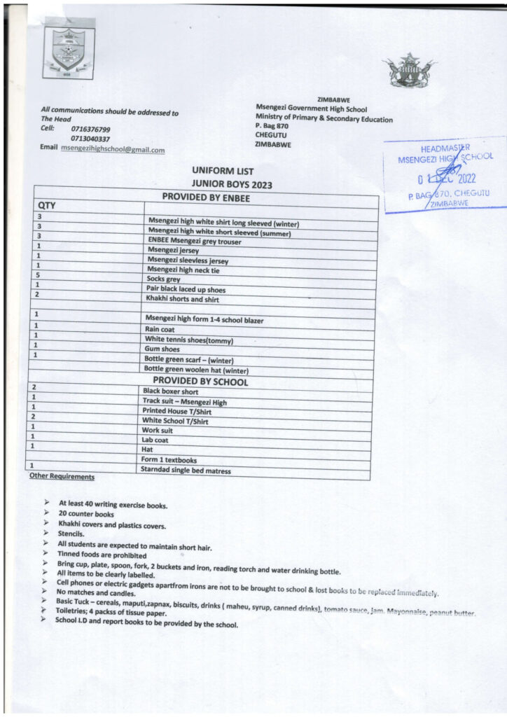 Msengezi higjh junior boys uniform list 2023