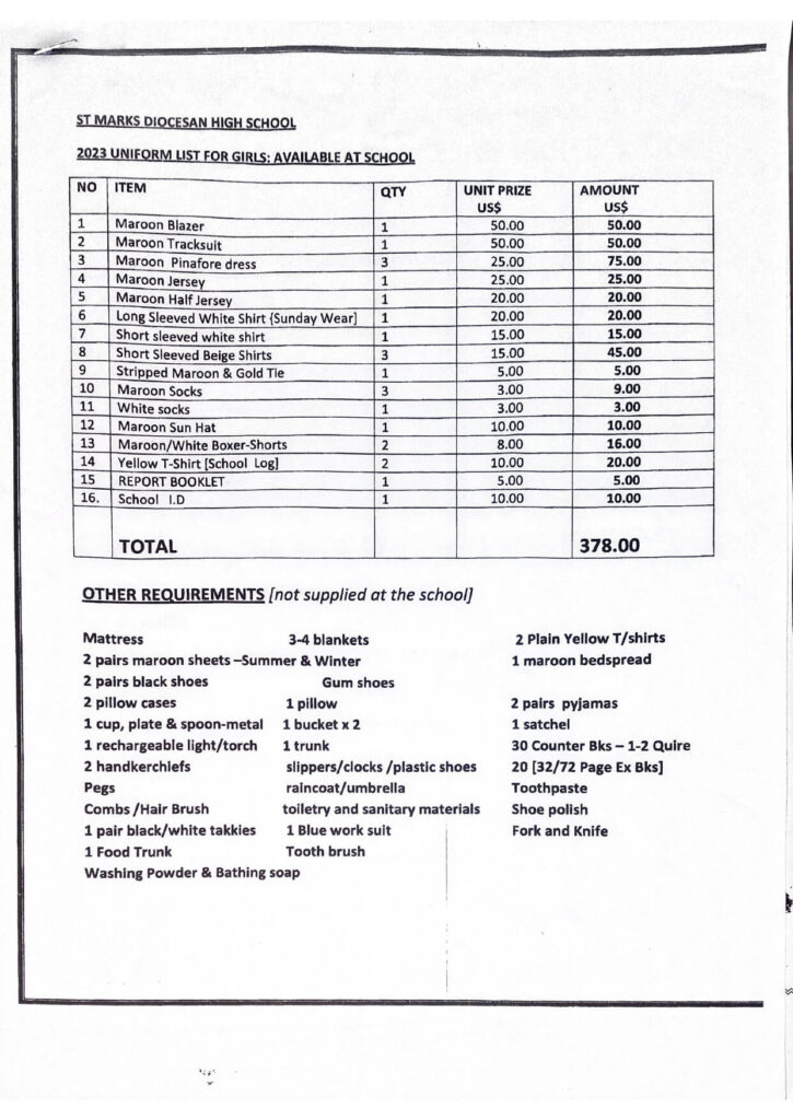 st marks high school uniform list