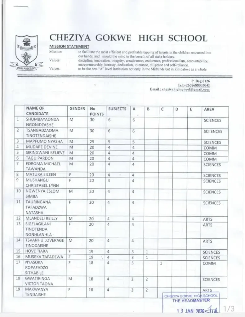 Cheziya gokwe high 2025 A-level pass rates