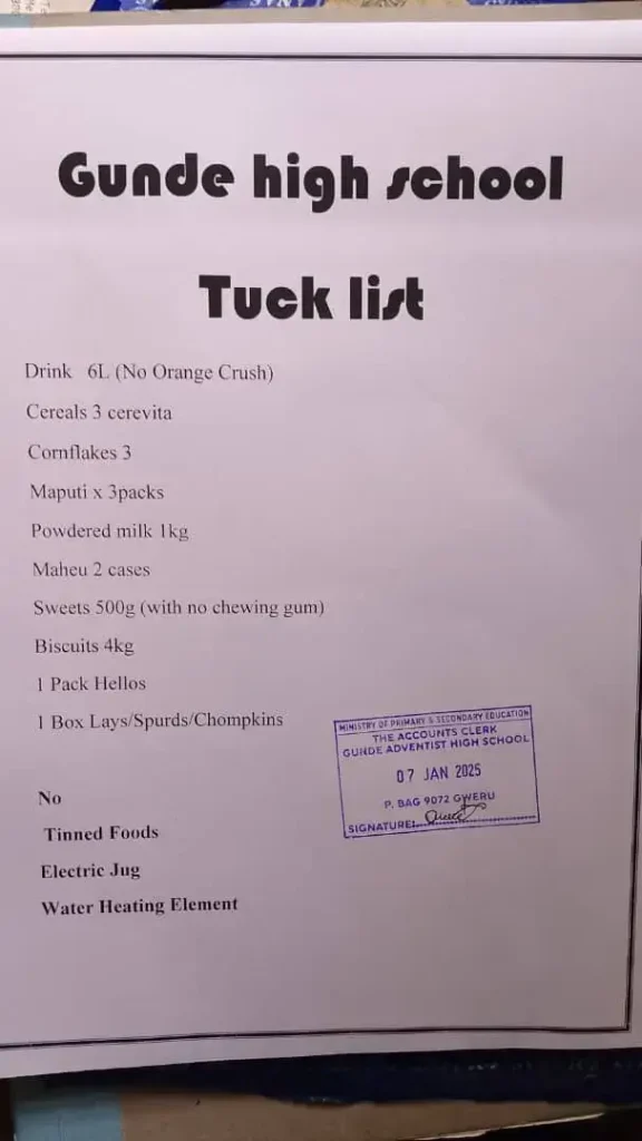 Gunde Adventist High School Tuck List