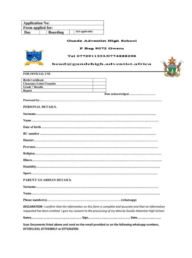 Gunde Adventist High School Application Form