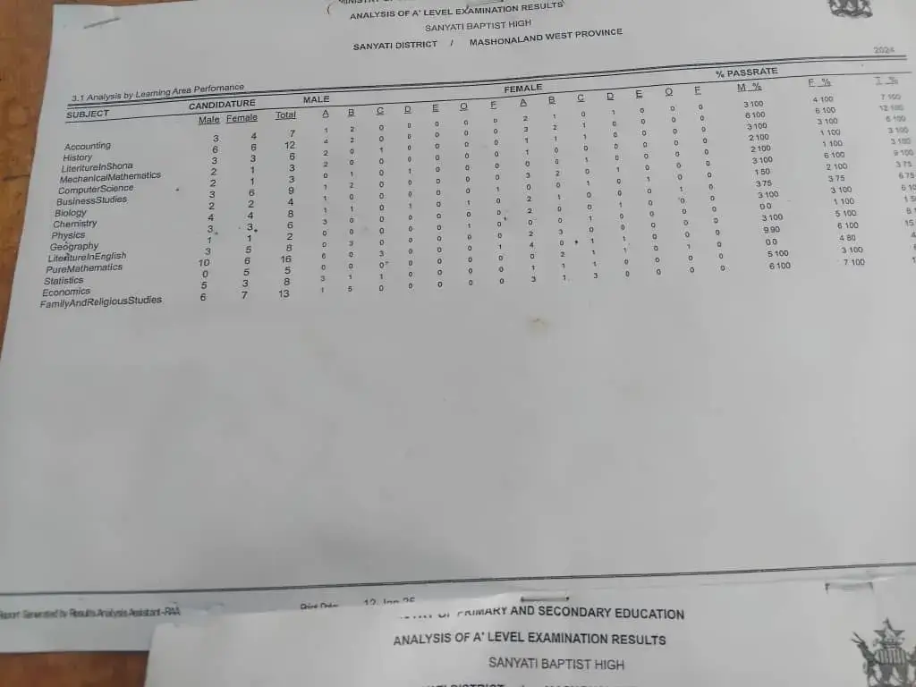 Sanyati 2024 A' level results analysis