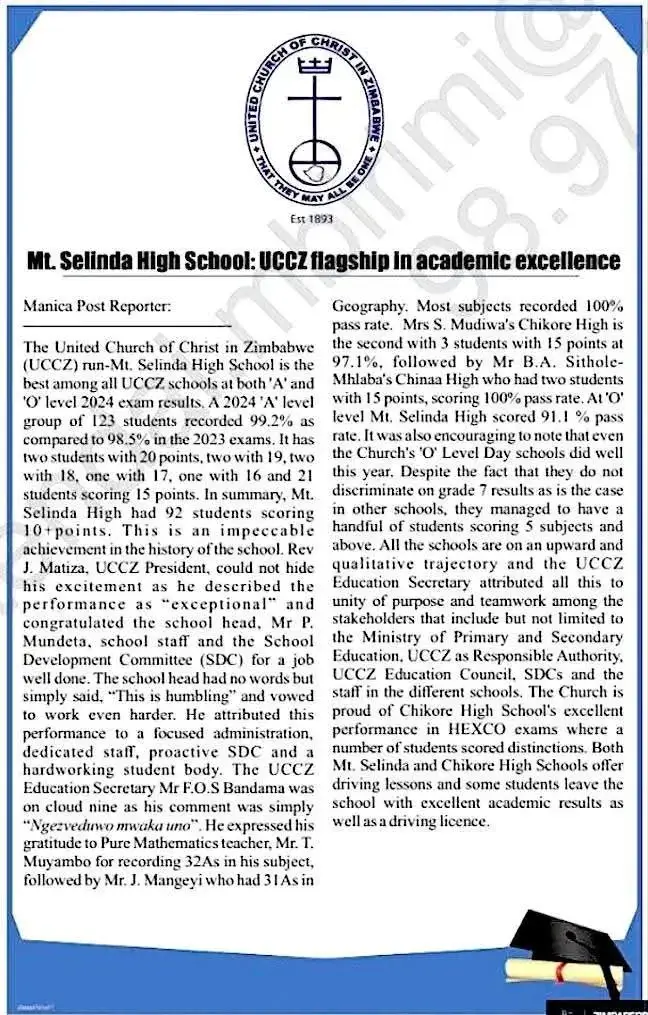 mt selinda high school pass rates
