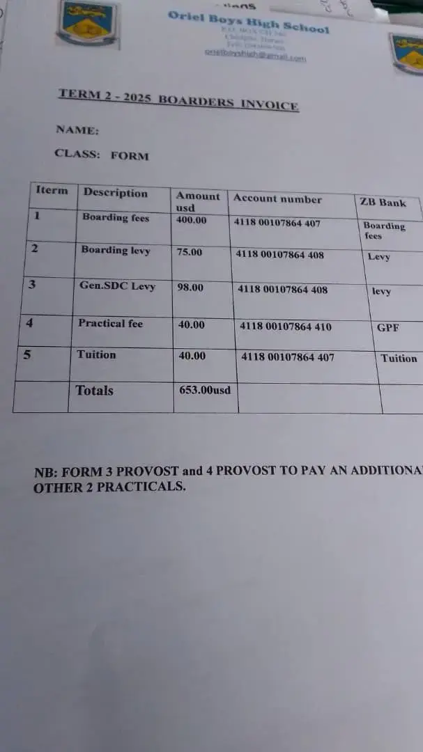 Oriel Boys High School Fees